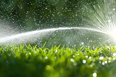 Water splash spray at the grass or garden field could be from hose or garden sprinkler. Watering the plant