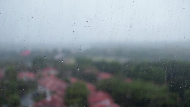Rain Droplets Window Surface Glass Hilly Nature View Bokeh Background — Video