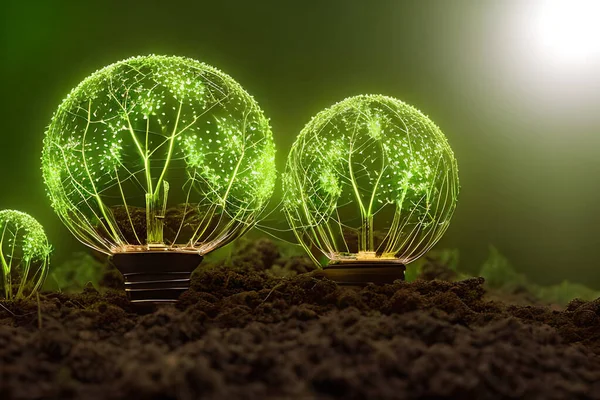 Abstract light soil and light bulb with glowing plant energy. Renewable energy concept, green energy concept, energy saving concept, and environmentally friendly.