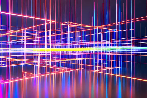 Abstract 3d render colorful neon glowing laser futuristic dimensional background.