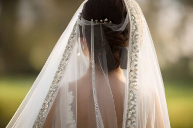 Beyaz gelinlik giymiş bir gelin arkadan yaklaşıyor..