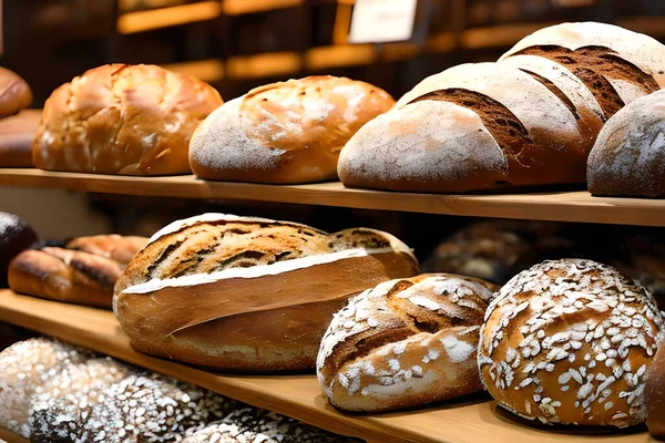 Various Bread Selling Display Bakery Shop Shelf — Fotografia de Stock