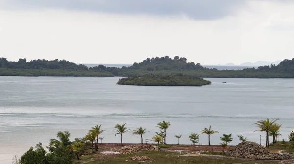 Небольшая Гавань Остров Через Фон Земли Заросли Деревьями — стоковое фото