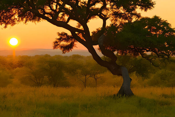 Silhouette of Acacia Trees at a dramatic sunset in Africa.