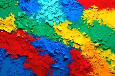 Boya paletinde veya duvarda soyut yağlı boya resmi, kavram tasarımı için çok renkli kırmızı, yeşil, mavi, sarı, mor, turuncu, arkaplan.