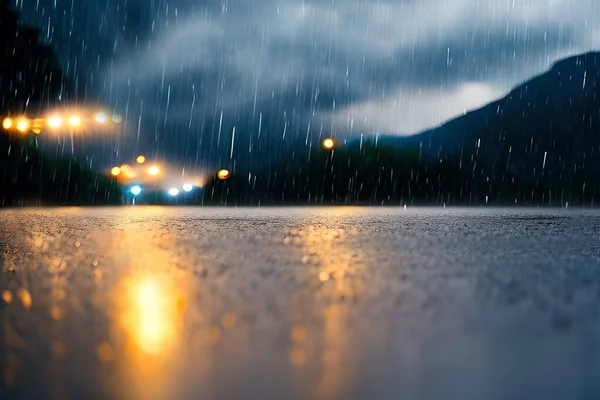 Kraftigt Regn Droppe Mitten Vägytan Bokeh Bakgrund — Stockfoto