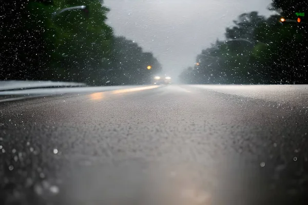 Сильний Дощ Падає Посеред Поверхні Дороги Фону Боке — стокове фото