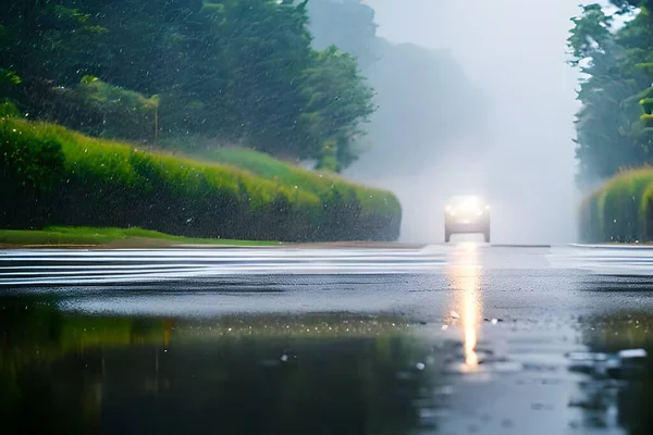 Сильний Дощ Падає Посеред Поверхні Дороги Фону Боке — стокове фото