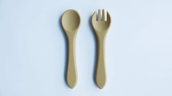 Brown Silicone Fork Spoon Baby Utensil Isolated White — Stock Photo, Image