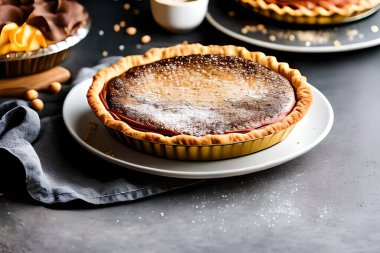 Ticari pazarlama ve tanıtım için negatif uzay stüdyosu çekimleri olan bir masa estetiğine sahip elmalı turta..