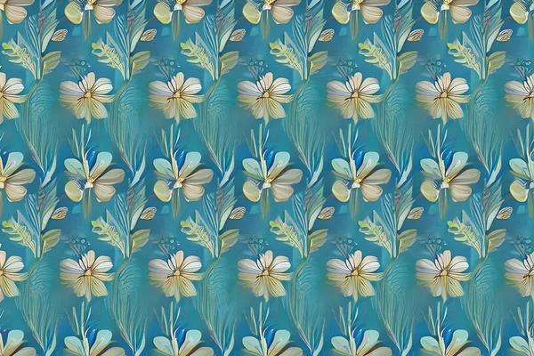 Flor Azul Abstracta Hojas Fondo Patrón Sin Costuras Flor Hoja — Vector de stock
