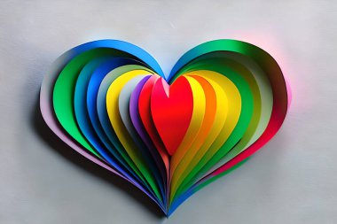 Aşk kalp şeklinde kesilmiş gökkuşağı renkli kağıt. Kağıt sanat gökkuşağı kalp arka planı 3D efektli, kalp şekli canlı renkler, vektör illüstrasyonu.