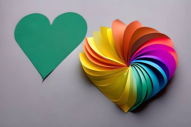 Aşk kalp şeklinde kesilmiş iki gökkuşağı renkli kağıt. Kağıt sanat gökkuşağı kalp arka planı 3D efektli, kalp şekli canlı renkler, vektör illüstrasyonu.