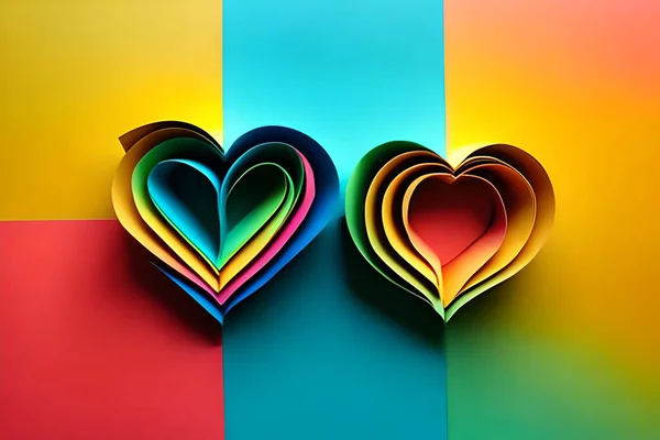 Две Радужные Бумажки Вырезанные Форме Любовного Сердца Бумажное Искусство Радужный — стоковое фото