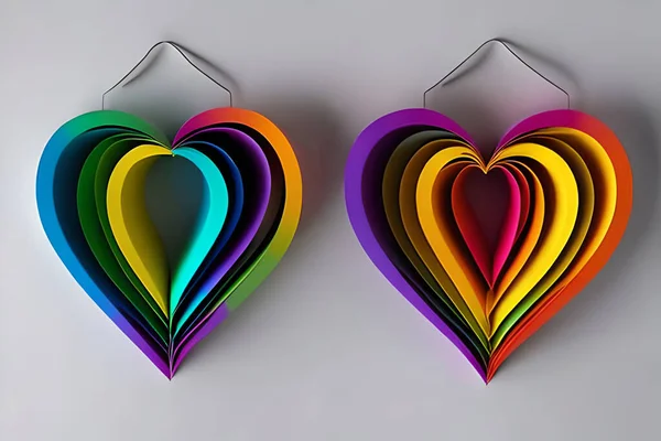 Две Висящие Радужные Бумажки Вырезанные Форме Любовного Сердца Бумажное Искусство — стоковое фото
