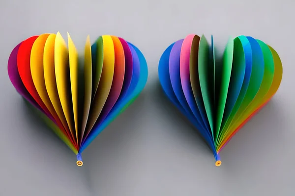 Две Радужные Бумажки Вырезанные Форме Любовного Сердца Бумажное Искусство Радужный — стоковое фото