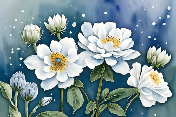 Aquarelle Poussiéreuse Fleurs Bleues Blanches Peinture Art Fond Motif Texture — Photo