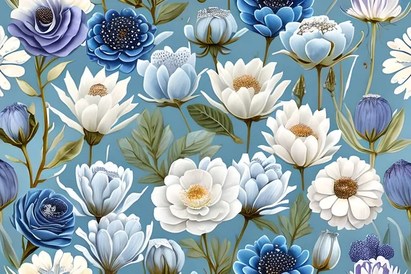 Watercolor dusty blue and white flowers painting art. Background and pattern texture wallpaper.