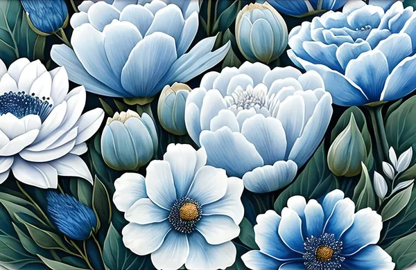 Watercolor dusty blue and white flowers painting art. Background and pattern texture wallpaper.