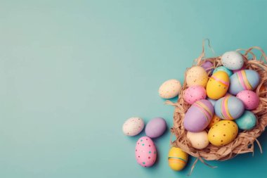 Mutlu Paskalya Günü arkaplanı ve arka planı, sevimli tavşan, süs ve renkli yumurta, kopya uzay selamlaması ve arkaplan, pankart, kırsal klasik tasarım materyali. Paskalyayı kutla.