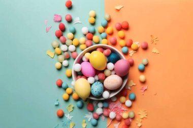 Mutlu Paskalya Günü arkaplanı ve arka planı, sevimli tavşan, süs ve renkli yumurta, kopya uzay selamlaması ve arkaplan, pankart, kırsal klasik tasarım materyali. Paskalyayı kutla.