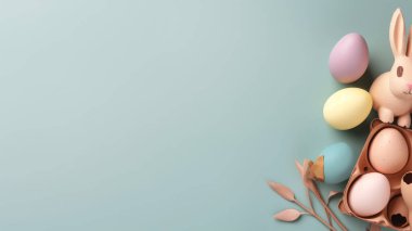 Mutlu Paskalya Günü arkaplanı ve arka planı, sevimli tavşan, süs ve renkli yumurta, kopya uzay selamlaması ve arkaplan, pankart, kırsal klasik tasarım materyali. Paskalyayı kutla.