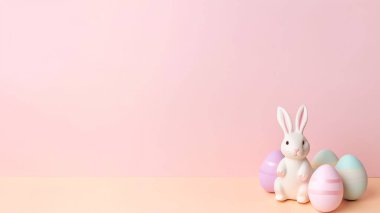 Mutlu Paskalya Günü arkaplanı ve arka planı, sevimli tavşan, süs ve renkli yumurta, kopya uzay selamlaması ve arkaplan, pankart, kırsal klasik tasarım materyali. Paskalyayı kutla.