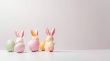 Mutlu Paskalya Günü arkaplanı ve arka planı, sevimli tavşan, süs ve renkli yumurta, kopya uzay selamlaması ve arkaplan, pankart, kırsal klasik tasarım materyali. Paskalyayı kutla.