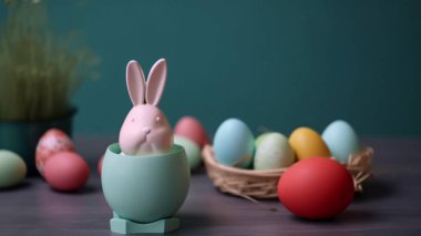Mutlu Paskalya Günü arkaplanı ve arka planı, sevimli tavşan, süs ve renkli yumurta, kopya uzay selamlaması ve arkaplan, pankart, kırsal klasik tasarım materyali. Paskalyayı kutla.