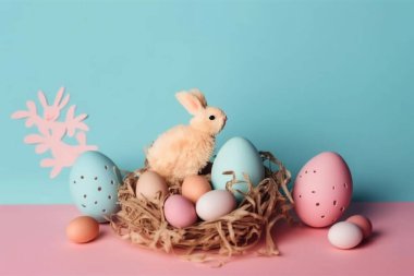 Mutlu Paskalya Günü arkaplanı ve arka planı, sevimli tavşan, süs ve renkli yumurta, kopya uzay selamlaması ve arkaplan, pankart, kırsal klasik tasarım materyali. Paskalyayı kutla.