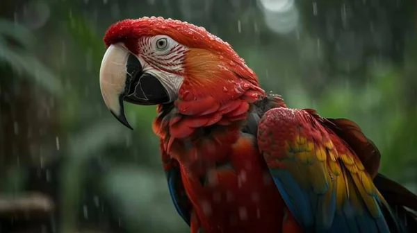 Красный Алый Ара Птица Укрывается После Дождя — стоковое фото