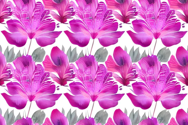抽象的なマゼンタや紫の天然の花 葉のシームレスなパターンの背景 花や葉のクリップイラスト水彩テクスチャ壁紙 — ストックベクタ