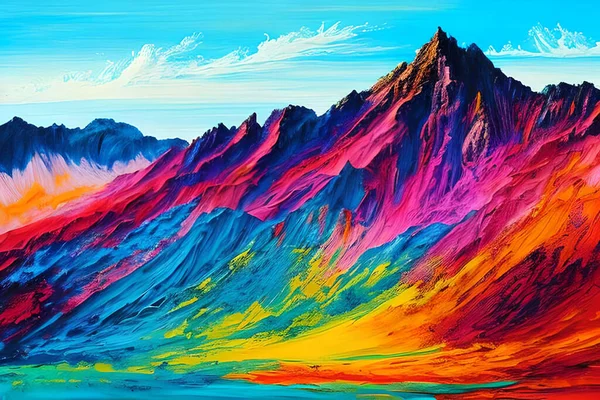 Water color or oil painting fine art illustration of abstract colorful panoramic mountain and nature print digital art.