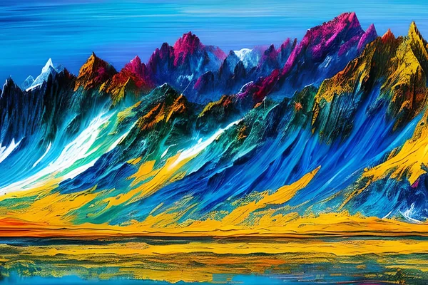 Water color or oil painting fine art illustration of abstract colorful panoramic mountain and nature print digital art.