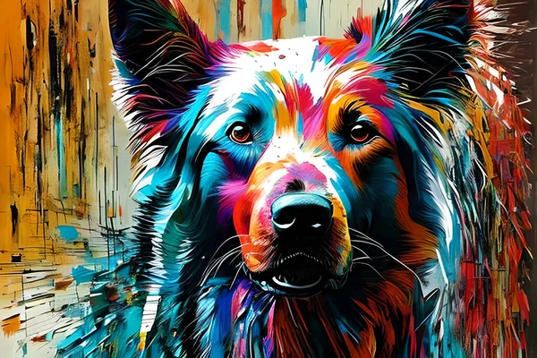 Çağdaş Akrilik Resim Köpek Suratlı Dijital Sanat Eserinin Soyut Bir — Stok fotoğraf