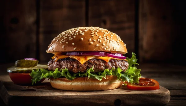 Amerikan peynirli bbq bifteği ile domates salatası sulu burger fast food sunumu stüdyo ürünü siyah arka planda izole.
