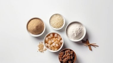 Cam kavanozdaki bir kase dolusu şeker. Stüdyo ürünü. Beyaz arka planda izole edilmiş fotoğraf sunumu. Düz konum, kopyalama alanı, yiyecek fotoğrafçılığı.