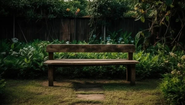 Backyard garden wooden bench a place to sit and relax with nature and plant surround. Background and backdrop.