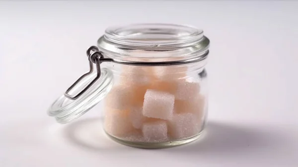 Cubo Zucchero Bianco Barattolo Vetro Studio Prodotto Girato Fotografia Presentazione — Foto Stock
