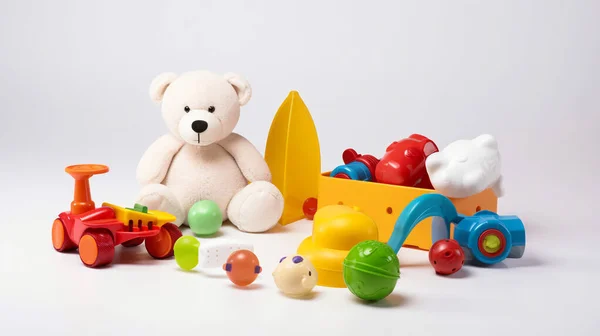 Barevné Různé Dětské Hračky Pro Dětské Aktivity Zábavu Jako Panenka — Stock fotografie