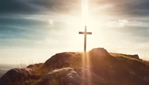 Sylwetka Chrześcijańskiego Krzyża Wzgórzu Pokój Duchowy Symbol Chrześcijan Inspiracja Zmartwychwstanie — Zdjęcie stockowe
