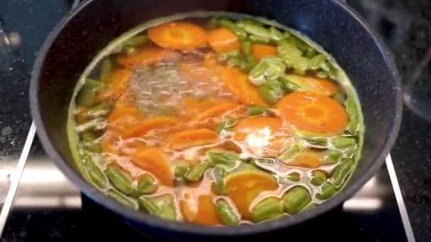 Koken Van Broccoli Wortelen Als Dieetmaaltijd Een Elektrisch Fornuis Met — Stockvideo