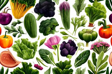 Sebze deseni ve doku arkaplan çizimi kumaş veya herhangi bir ortam baskısı için dikişsiz suluboya koleksiyonu.