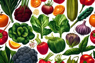 Sebze deseni ve doku arkaplan çizimi kumaş veya herhangi bir ortam baskısı için dikişsiz suluboya koleksiyonu.