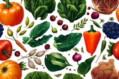 Sebze deseni ve doku arkaplan çizimi kumaş veya herhangi bir ortam baskısı için dikişsiz suluboya koleksiyonu.