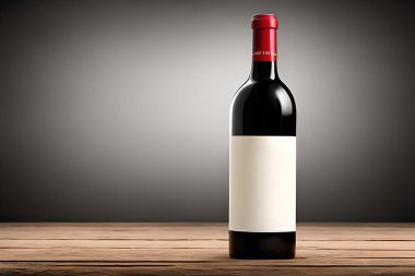Siyah cam şarap şişesi maketi, stüdyo çekimi, iyi ışıklandırma, beyaz etiket etiketi kırmızı mühür kapağı, pazarlama ve ürün sunumu..