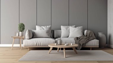 Basit minimalist modern oturma odası, rahat, rahat, ev ve daire için zarif, iyi bir iç mekan..