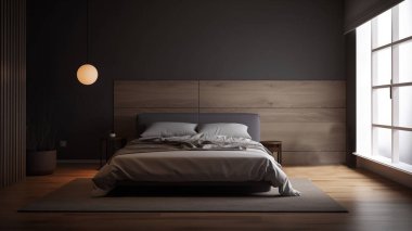 Basit, minimalist, modern yatak odası rahat ve ev ve daire için zarif, iyi bir iç mekan..