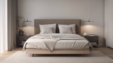 Basit, minimalist, modern yatak odası rahat ve ev ve daire için zarif, iyi bir iç mekan..