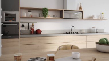 Basit minimalist modern mutfak örtüsü ev ve daire için rahat ve zarif, dolap, mutfak lavabosu, mutfak eşyaları, yemek odası, iyi bir iç mekan..